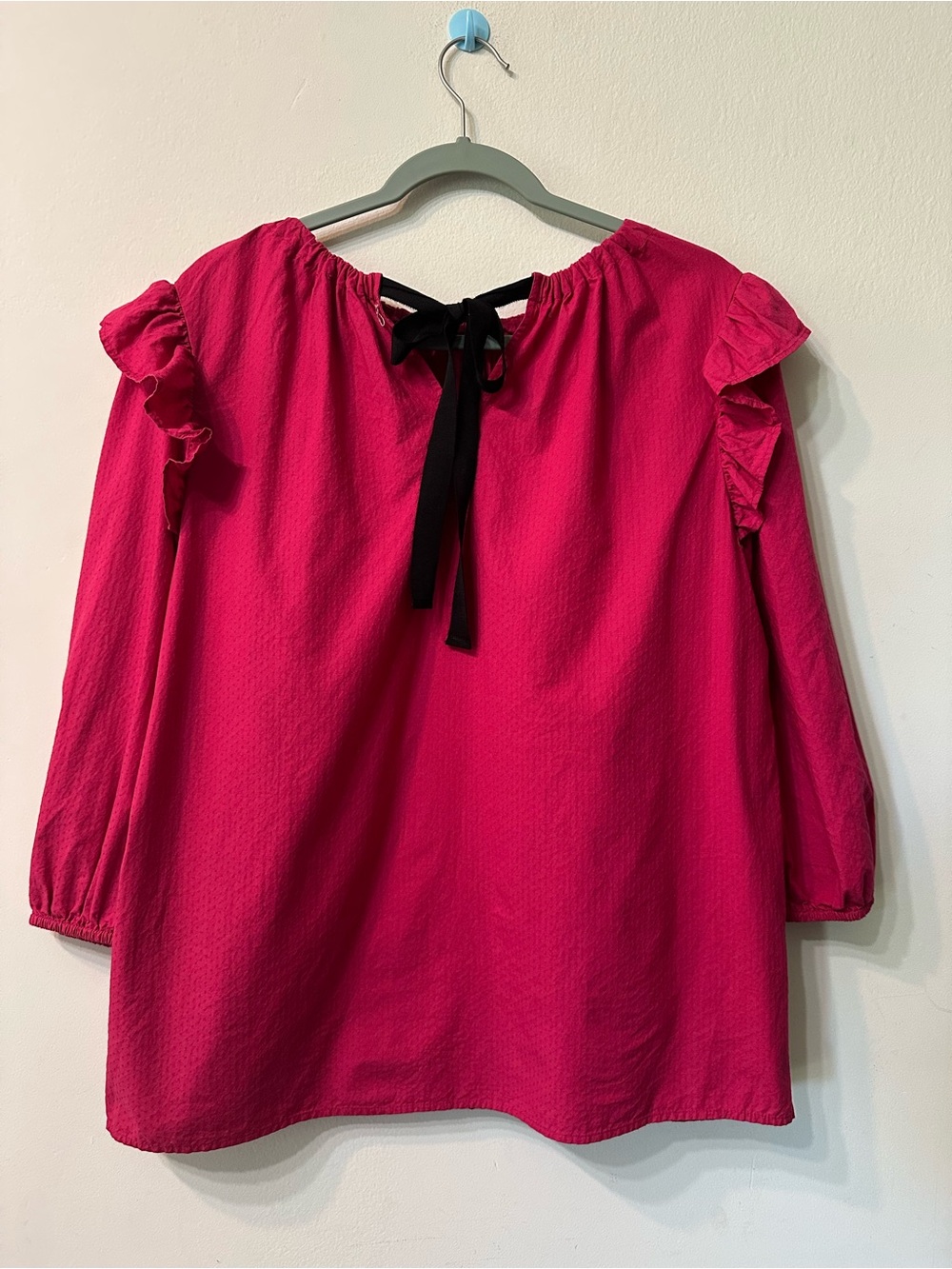 LOFT Pink Cotton Ruffle Blouse L Open Back Black Bow Tie Fuchsia Textured Top - Picture 6 of 11